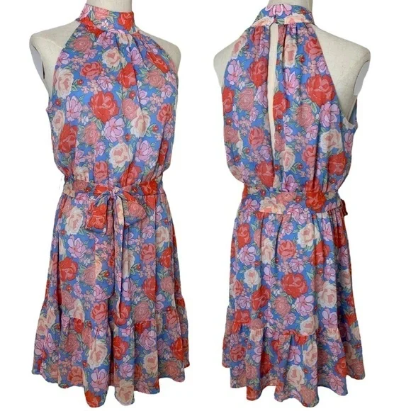 NEW Lush Floral Halter Neck Tie Waist Mini Dress - Picture 4 of 17